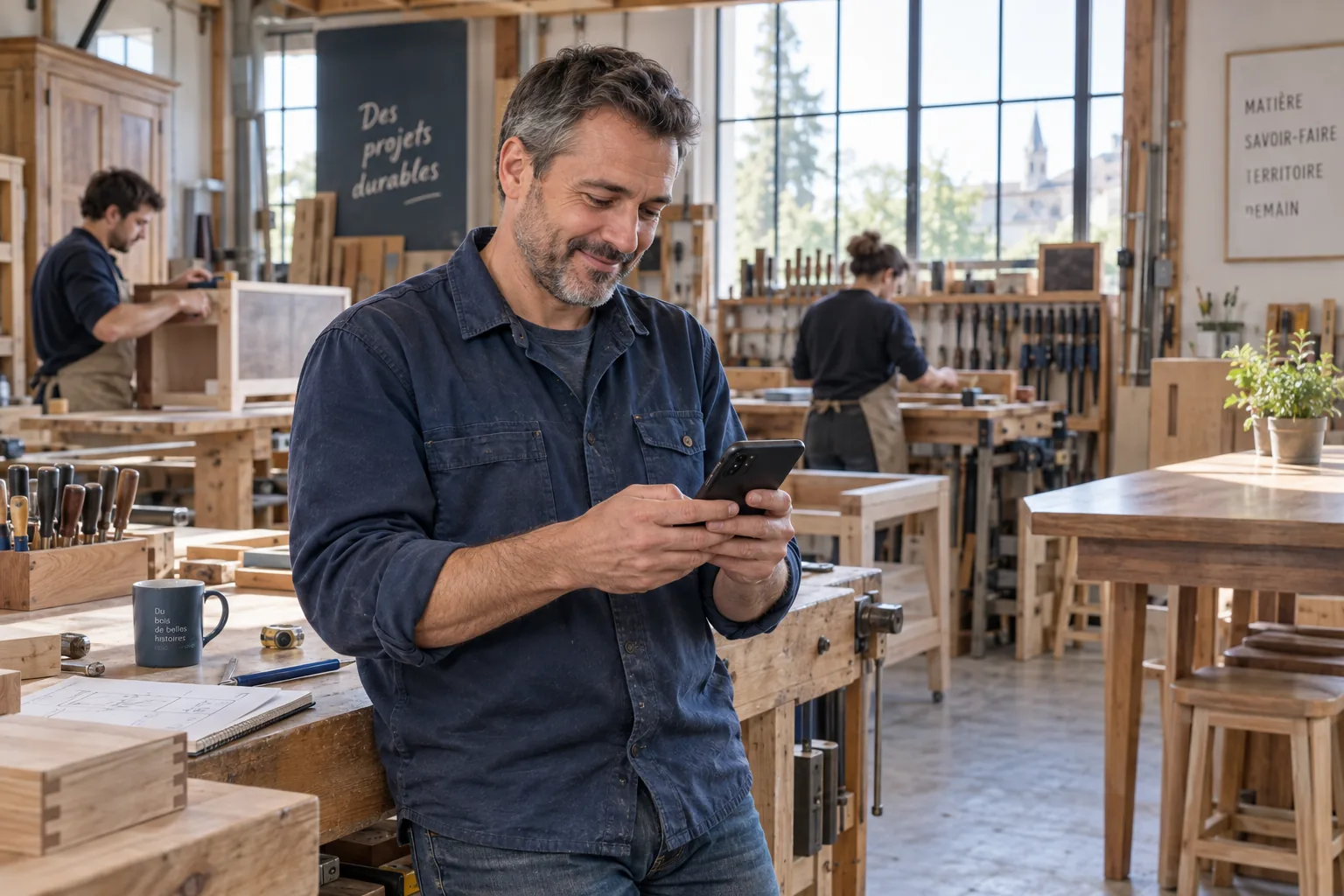 Scène fictive : un dirigeant artisan consulte son téléphone dans un atelier de menuiserie où travaille son équipe.